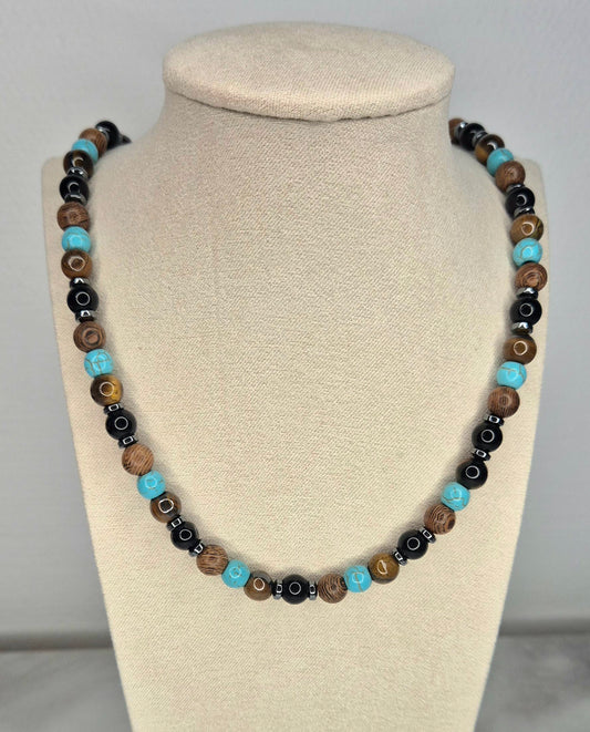 Collier pierres turquoises bois onyx