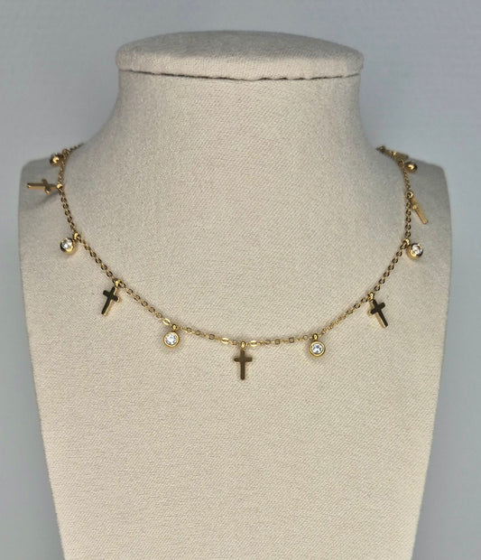 Collier croix et strass doré